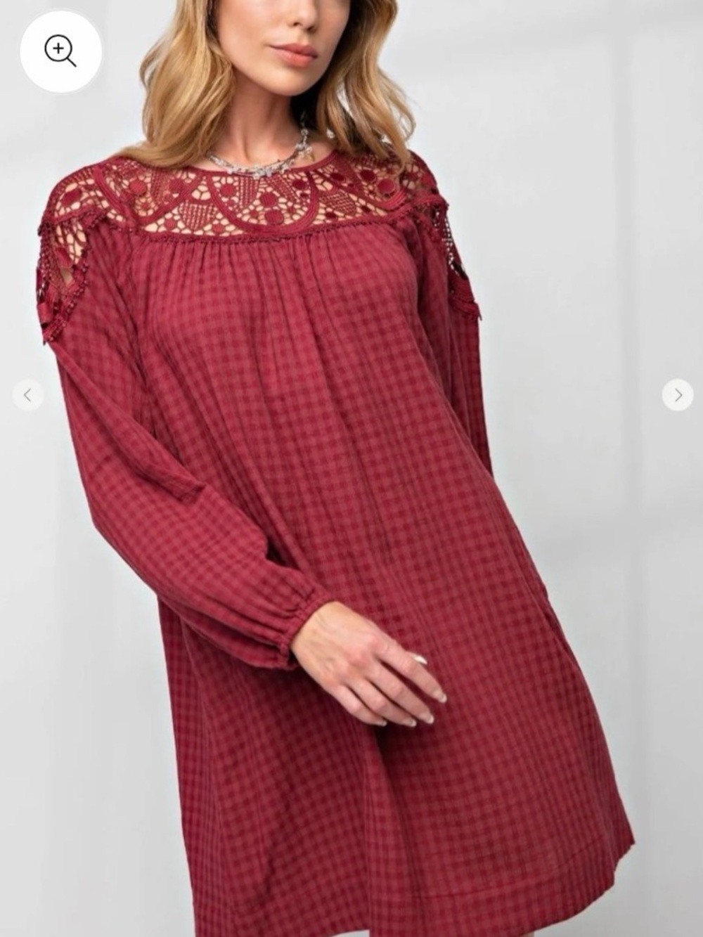 Easel Gingham Lace Long Sleeve Dress in Maroon